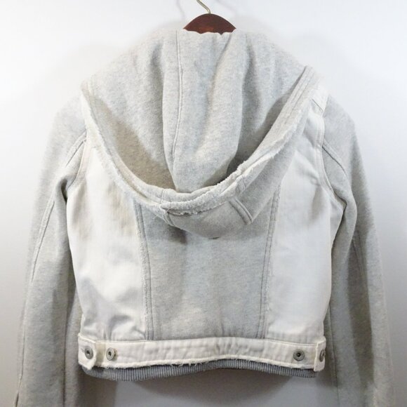 Free People White Hooded Denim Jacket Size XS Knit Sleeves Casual - Picture 8 of 8